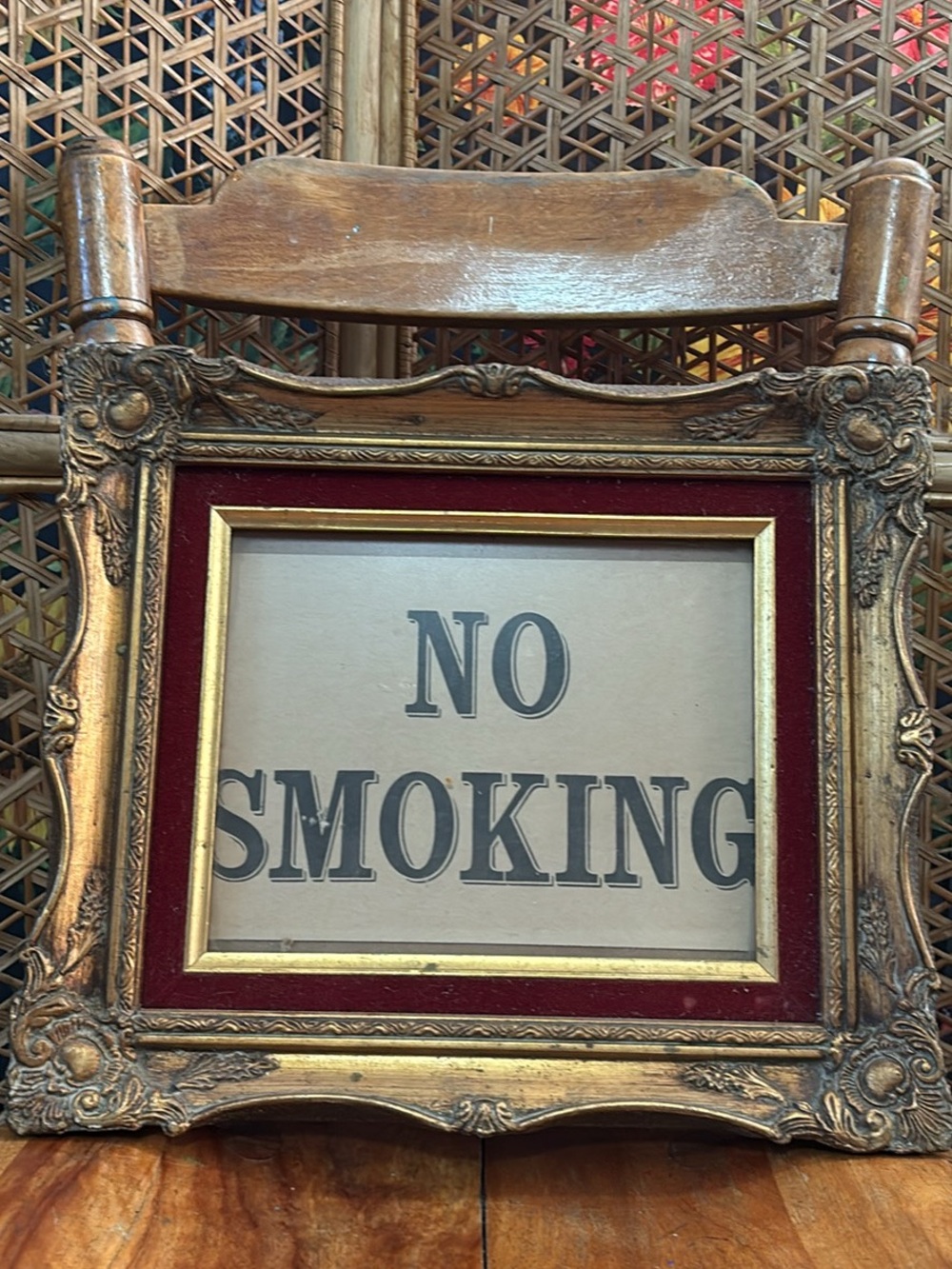 Vintage-Style 'No Smoking' Wall Art - Gold Frame with Red Velvet Mat